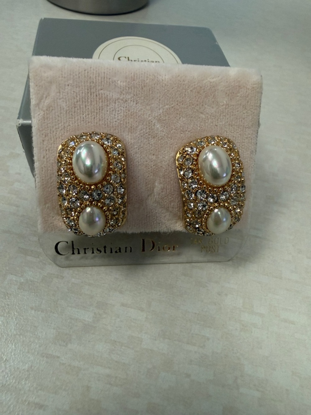 Dior Gold-Tone Crystal and Pearl Pierced Earrings - Picture 6 of 10